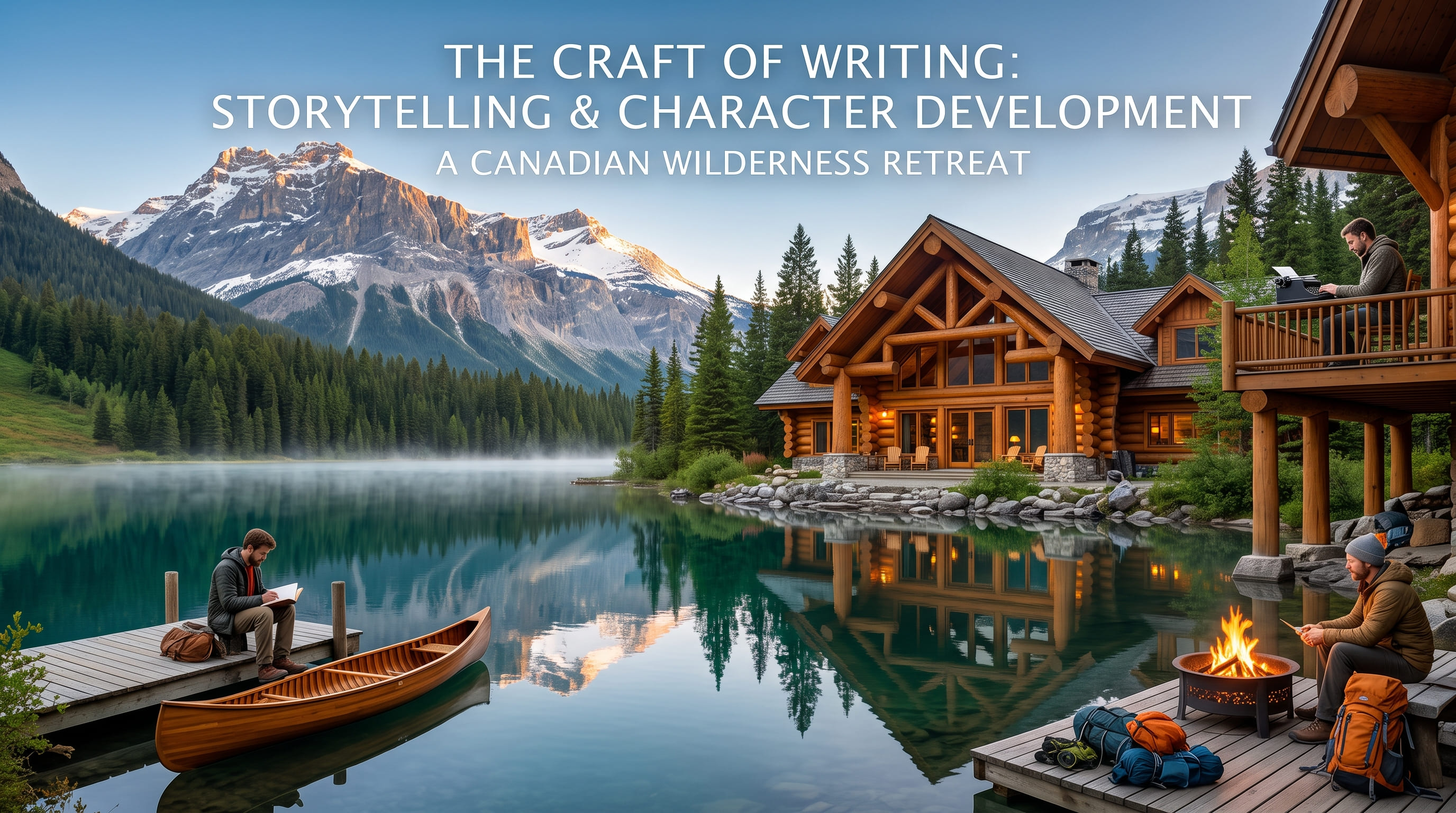 Three people reading and writing around a lakeside lodge: one on a dock, one beside a fire, and one on an upper balcony.