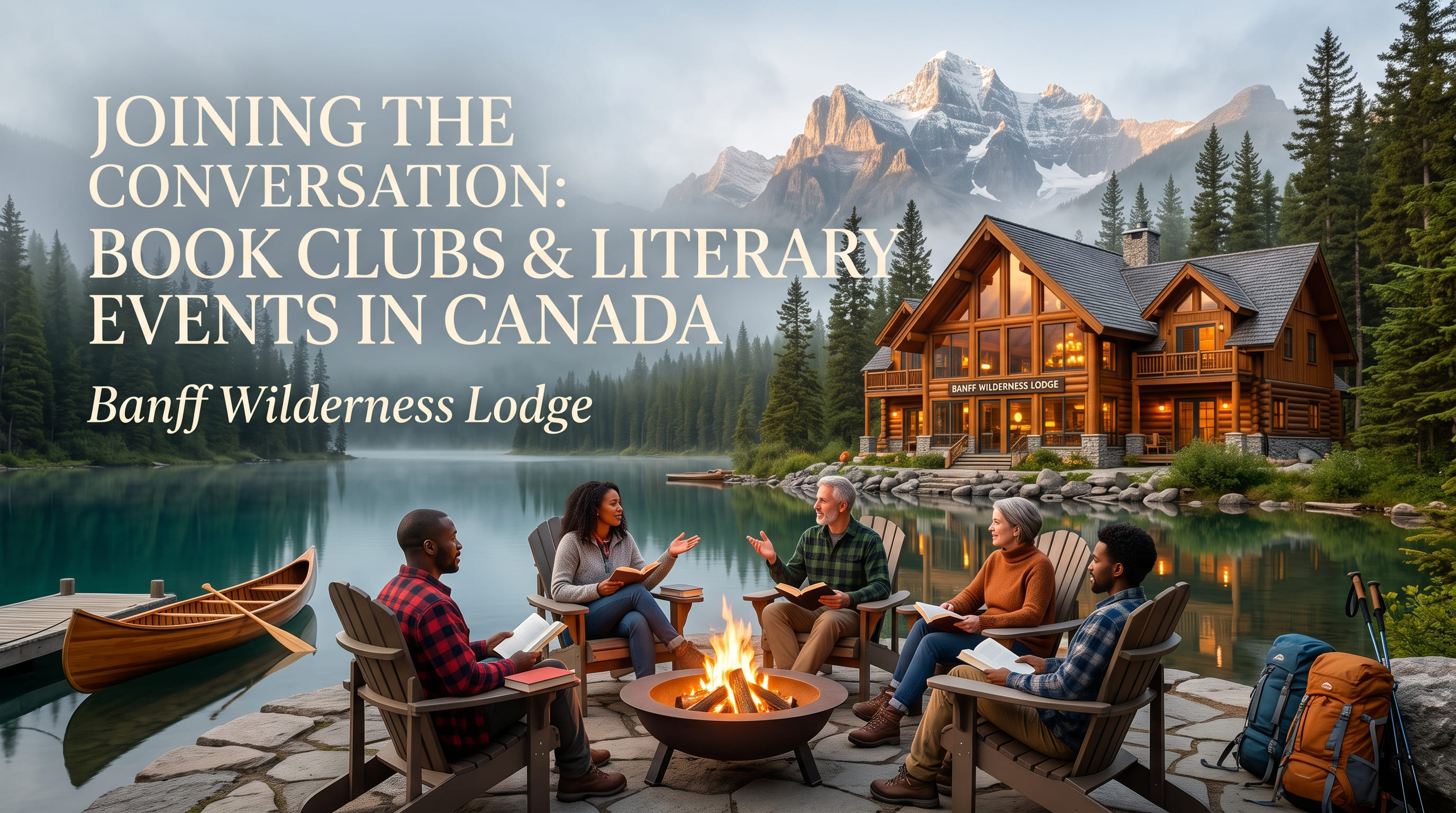 Five people with books seated around a campfire on a stone shore, with a canoe and a timber lodge across the lake.