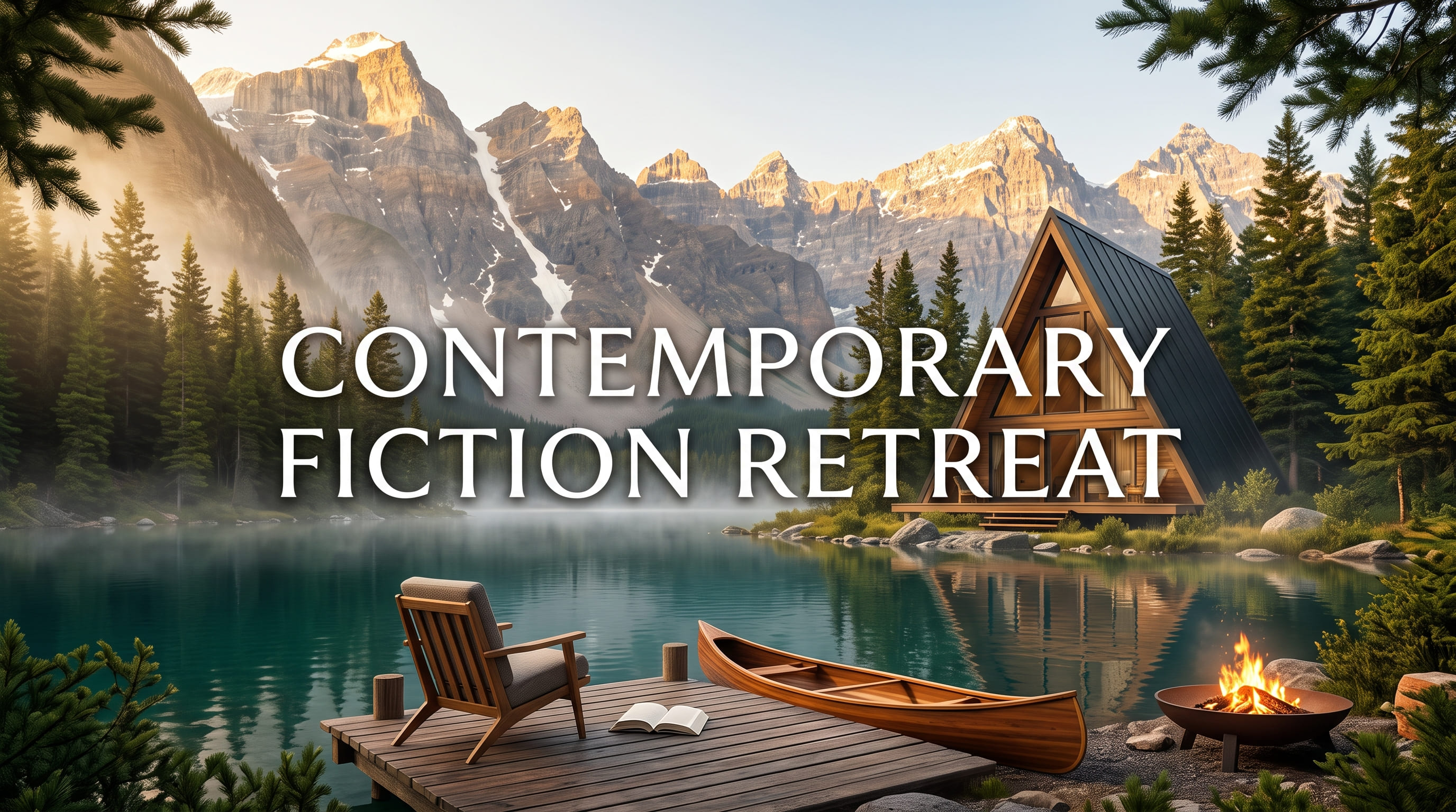 An open book on a dock beside an empty chair and a canoe, with an A-frame cabin across a mountain lake.