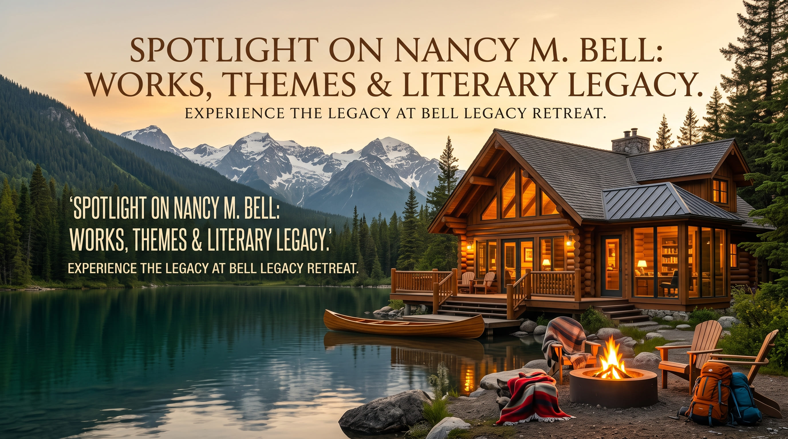 A timber cabin on a rocky shore with a canoe, a campfire, chairs, and backpacks beside a mountain lake.