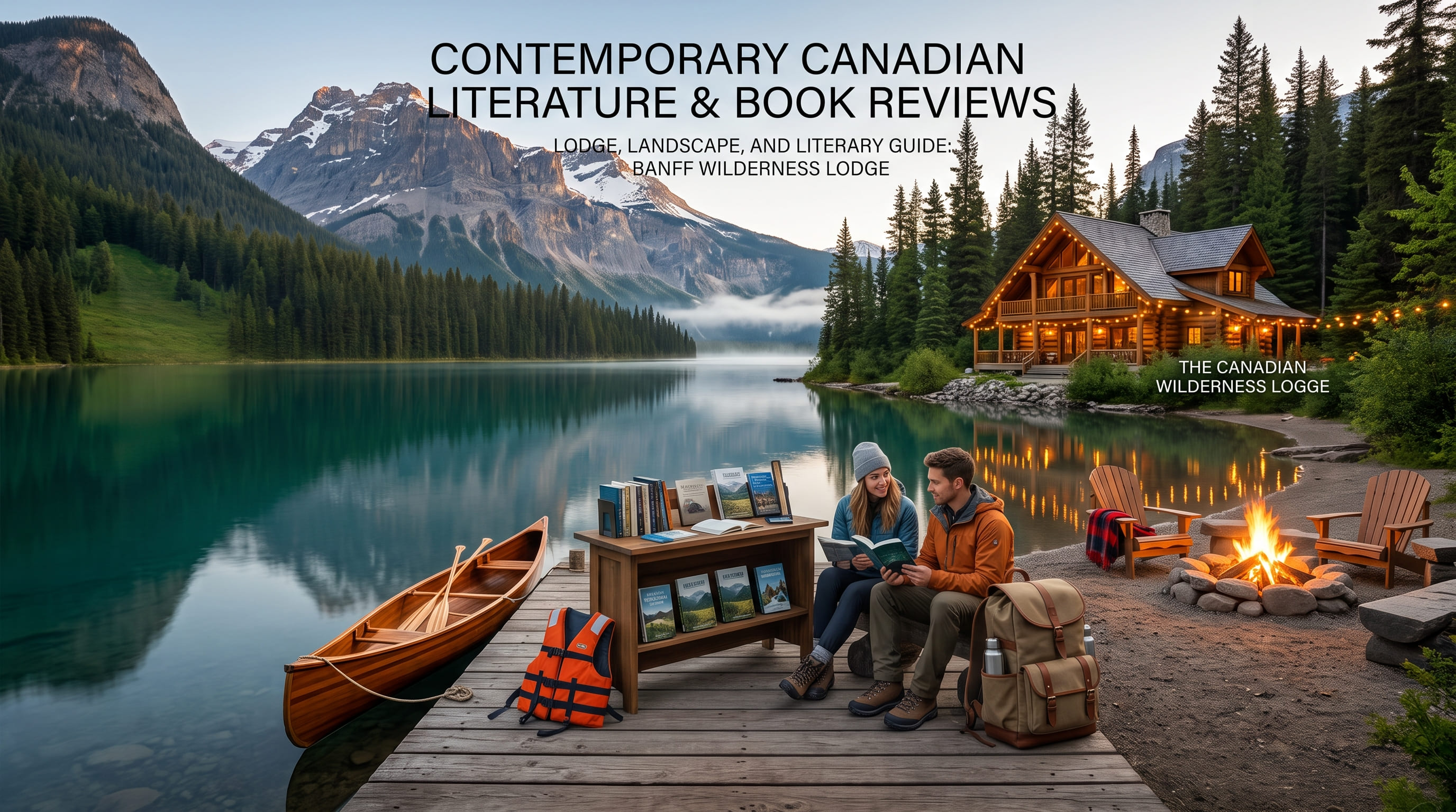Two people reading on a dock beside a small bookcase, a canoe, and a lit timber lodge across a mountain lake.