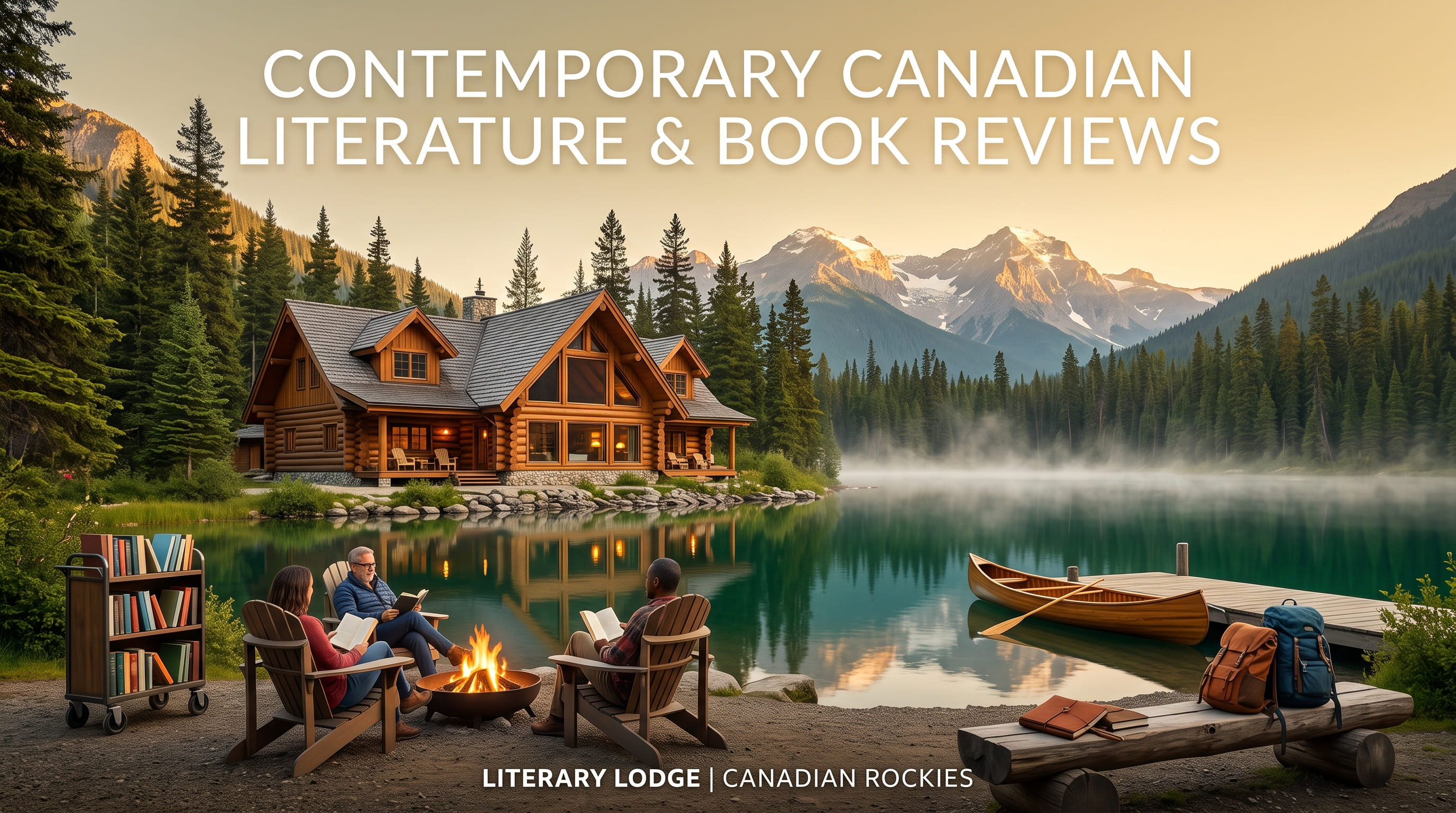 Three people reading in chairs around a campfire, with a book cart, a canoe, and a timber lodge on the far shore.