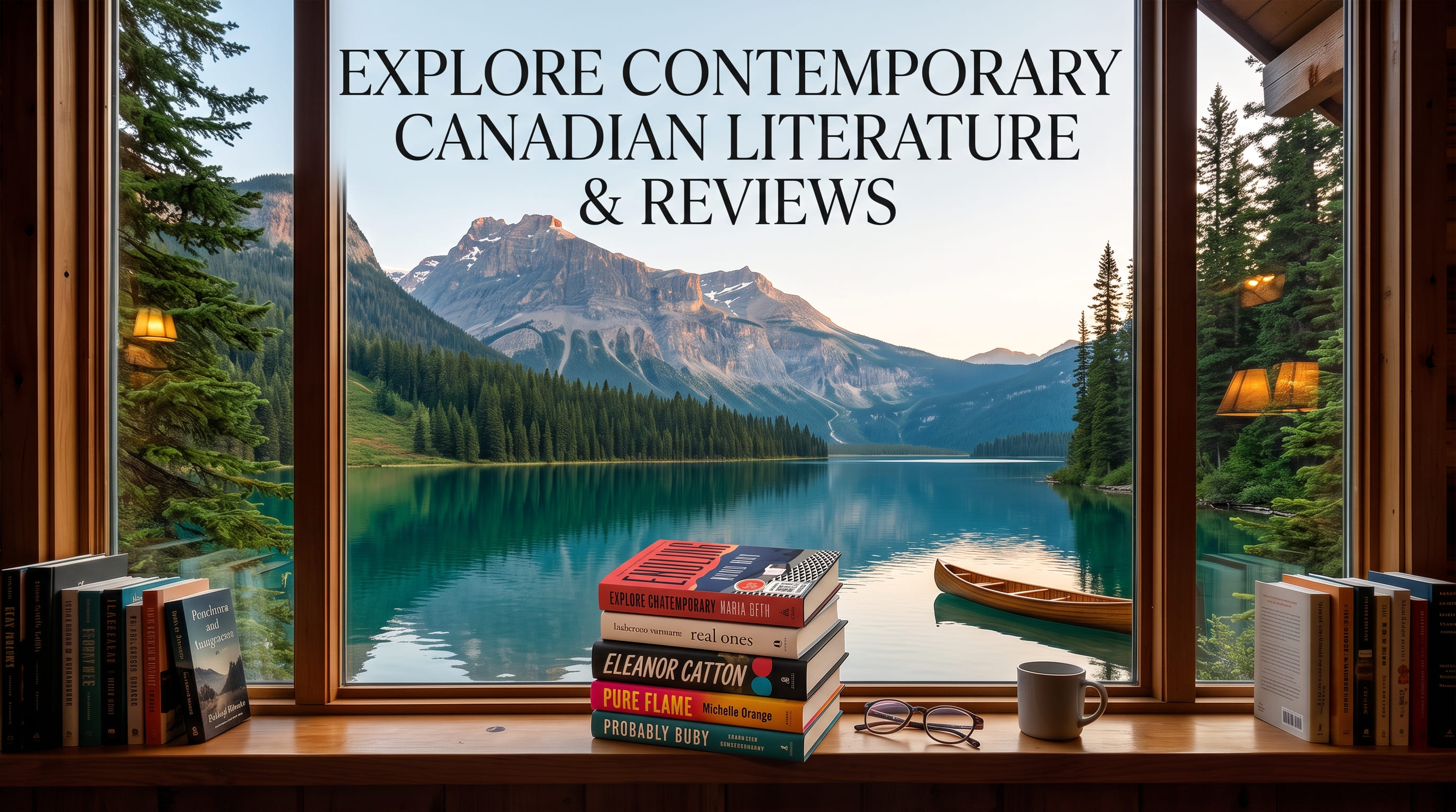 A stack of books, glasses, and a mug on a wooden windowsill, with a canoe on a turquoise lake beyond the glass.